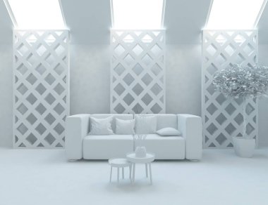 Beyaz Oda iç mobilya ile. İskandinav iç tasarım. 3D çizim