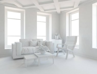 Beyaz Oda iç mobilya ile. İskandinav iç tasarım. 3D çizim