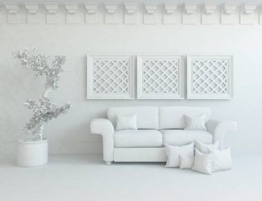 Beyaz Oda iç mobilya ile. İskandinav iç tasarım. 3D çizim