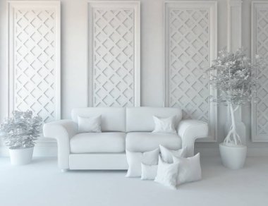 Beyaz iç bir oturma odası. 3D çizim