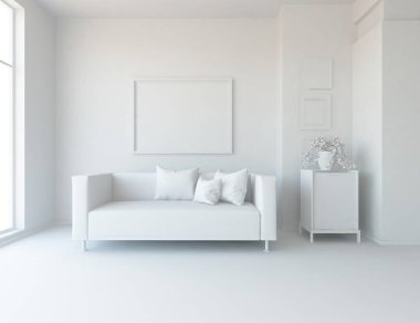 Beyaz iç bir oturma odası. 3D çizim