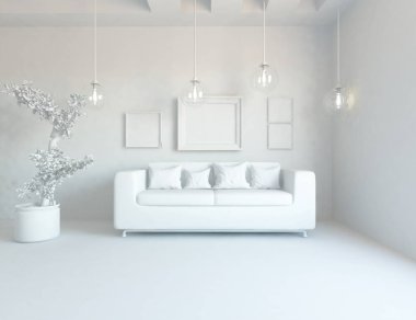 Bir beyaz İskandinav oturma odası iç kanepe, ahşap zemin ve lamba ve penceresinde beyaz manzara ile fikir. Ev nordic iç. 3D çizim - illüstrasyon