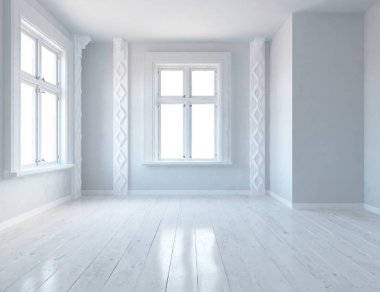 Beyaz boş oda windows anlayışı. İskandinav iç tasarım. 3D çizim