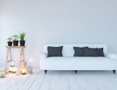 Bir beyaz İskandinav oturma odası iç kanepe, vazolar ve mumlar ve dekor ile fikri büyük duvar ve Beyaz Peyzaj üzerinde. Ev nordic iç. 