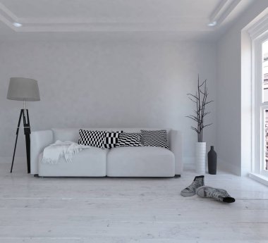 Bir beyaz İskandinav oturma odası iç kanepe ve ahşap zemin ile fikir. Ev nordic iç. 3D çizim 