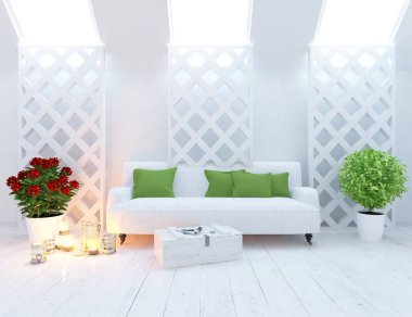 Bir beyaz İskandinav oturma odası iç kanepe, bitkiler ve ahşap zemin ile fikir. Ev nordic iç. 3D çizim 