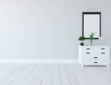 Beyaz boş İskandinav odası iç ahşap zemin üzerinde şifoniyer ile fikir. Ev nordic iç. 3D çizim