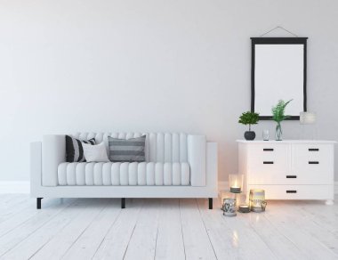 Bir beyaz İskandinav oturma odası iç kanepe, bitkiler ve ahşap zemin ile fikir. Ev nordic iç. 3D çizim 