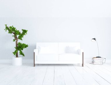 Bir beyaz İskandinav oturma odası iç kanepe, ahşap zemin ve lamba ve penceresinde beyaz manzara ile fikir. Ev nordic iç. 3D çizim - illüstrasyon