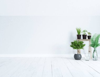 Vazo ile beyaz boş İskandinav odası iç fikir. Ev nordic iç. 3D çizim - illüstrasyon