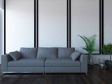 Bir beyaz İskandinav oturma odası iç kanepe, vazo ahşap zemin üzerinde ve dekor ile fikri büyük duvar ve Beyaz Peyzaj üzerinde. Ev nordic iç. 