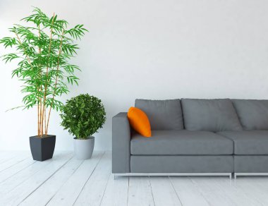 Bir beyaz İskandinav oturma odası iç kanepe, ahşap zemin ve lamba ve penceresinde Beyaz Peyzaj bitkileri ile fikir. Ev nordic iç. 3D çizim - illüstrasyon