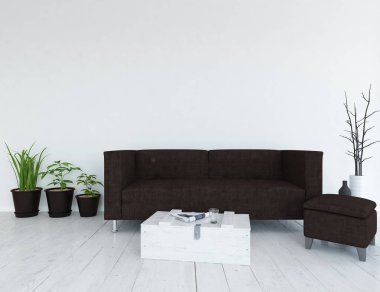 Bir beyaz İskandinav oturma odası iç kanepe, vazo ahşap zemin üzerinde ve dekor ile fikri büyük duvar ve Beyaz Peyzaj üzerinde. Ev nordic iç. 