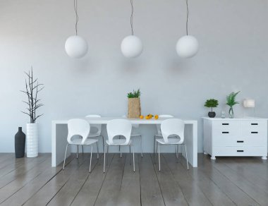 İskandinav odası iç mutfak masa ve sandalyeler ile fikir. Ev nordic iç. 3D çizim - illüstrasyon