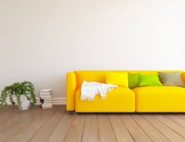 Bir beyaz İskandinav oturma odası iç kanepe, ahşap zemin ve vazo ve penceresinde beyaz manzara ile fikir. Ev nordic iç. 3D çizim - illüstrasyon