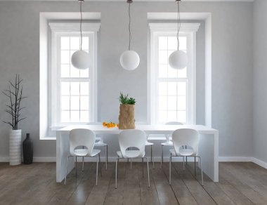 İskandinav odası iç mutfak masa ve sandalyeler ile fikir. Ev nordic iç. 3D çizim - illüstrasyon