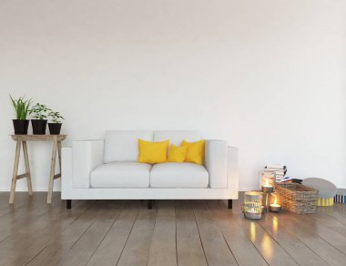 Bir beyaz İskandinav oturma odası iç kanepe, vazolar ve beyaz peyzaj ile fikir. Ev nordic iç. 