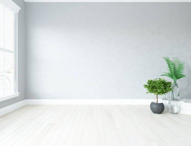 Beyaz boş İskandinav odası iç ahşap zemin üzerinde vazo ile fikir. Ev nordic iç. 3D çizim - illüstrasyon