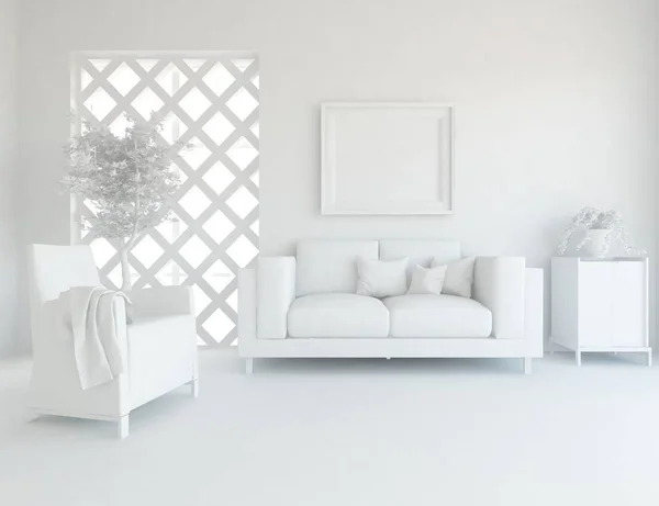 white room interior with furniture. Scandinavian interior design. 3d illustration