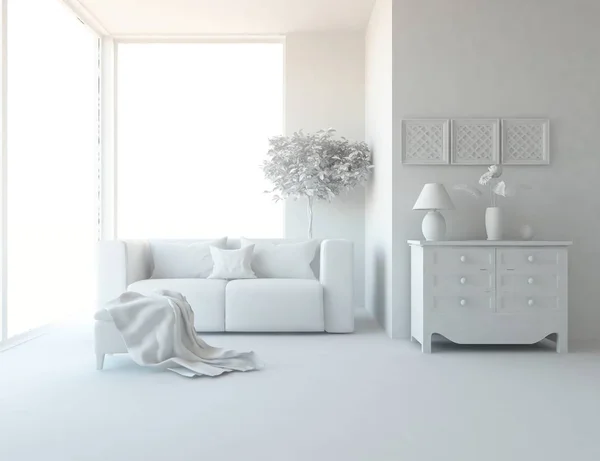 Białe Wnętrze Meble Skandynawskim Wystrojem Wnętrz Ilustracja — Zdjęcie stockowe