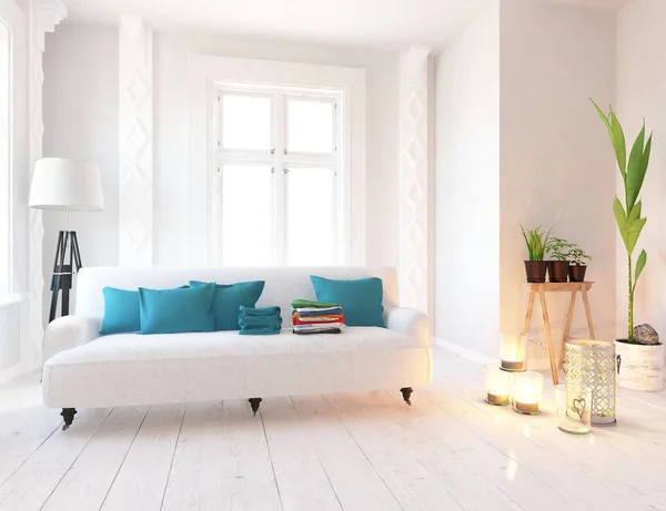 Idea of a white scandinavian living room interior with sofa, vases on the wooden floor and decor on the large wall and white landscape. Home nordic interior.