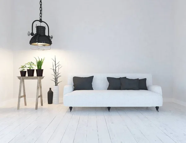 一个白色的斯堪的纳维亚客厅内部的想法与沙发 在木地板上的花瓶和大墙上的装饰和白色的景观 家庭北欧内饰 — 图库照片