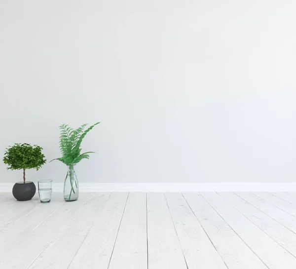 Idéia Interior Quarto Escandinavo Vazio Branco Com Vasos Chão Madeira — Fotografia de Stock