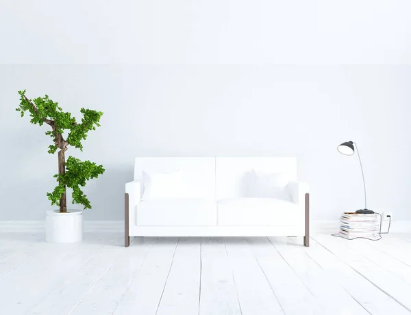 Idée Salon Scandinave Blanc Intérieur Avec Canapé Sur Sol Bois — Photo