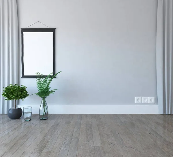 Idéia Interior Quarto Escandinavo Vazio Branco Com Vasos Chão Madeira — Fotografia de Stock