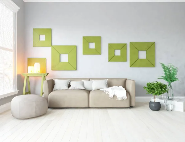 Idea White Scandinavian Living Room Interior Sofa Vases Wooden Floor — Stock Photo, Image