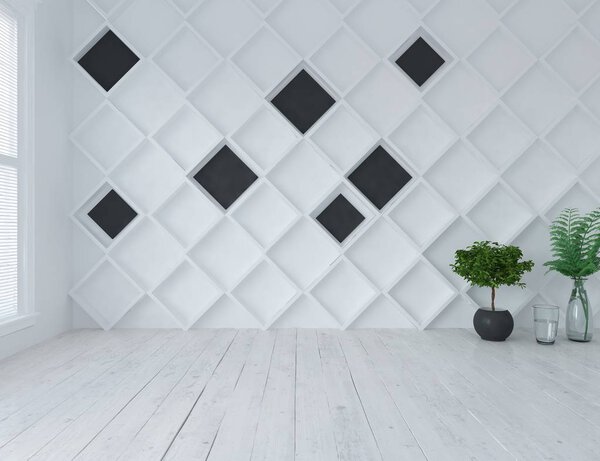 Idea of a white empty scandinavian room interior with vases on wooden floor  . Home nordic interior. 3D illustration - Illustration
