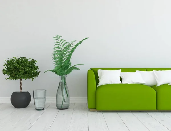 Idee Eines Weißen Skandinavischen Wohnzimmers Mit Sofa Vasen Auf Dem — Stockfoto