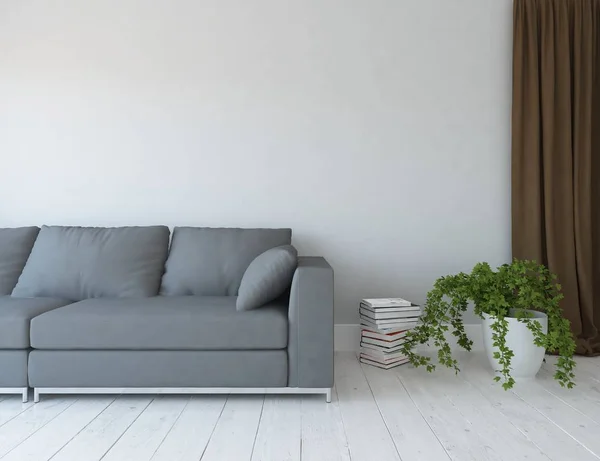 Idea Wnętrza Biały Skandynawski Salon Sofą Wazon Drewniane Podłogi Urządzone — Zdjęcie stockowe