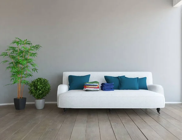 Představu Interiéru Bílého Skandinávského Obývacího Pokoje Pohovkou Dřevěné Podlahy Vázy — Stock fotografie
