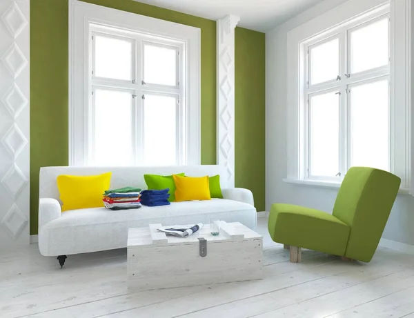 一个白色的斯堪的纳维亚客厅内部与沙发和木地板的想法 家北欧内饰 — 图库照片