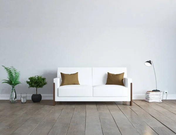 Idea Wnętrza Biały Skandynawski Salon Sofą Drewniane Podłogi Wazony Strona — Zdjęcie stockowe