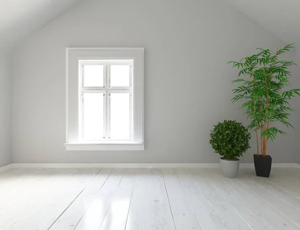 一个白色的空斯堪的纳维亚房间内部与木地板上的花瓶的想法 家北欧内饰 — 图库照片