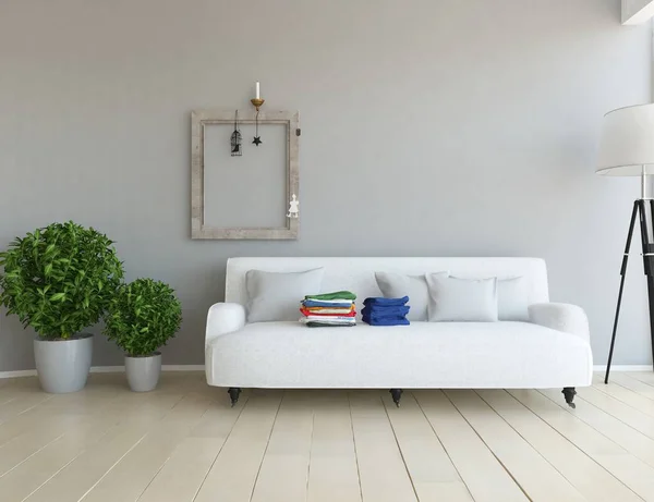 Idea Wnętrza Biały Skandynawski Salon Sofą Wazony Drewniane Podłogi Urządzone — Zdjęcie stockowe