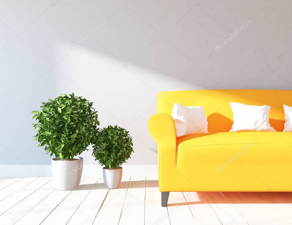 Idea of a white empty scandinavian room interior with plants on wooden floor  . Home nordic interior. 3D illustration - Illustration
