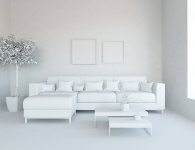 Beyaz Oda iç mobilya ile. İskandinav iç tasarım. 3D çizim