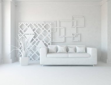 Beyaz Oda iç mobilya ile. İskandinav iç tasarım. 3D çizim