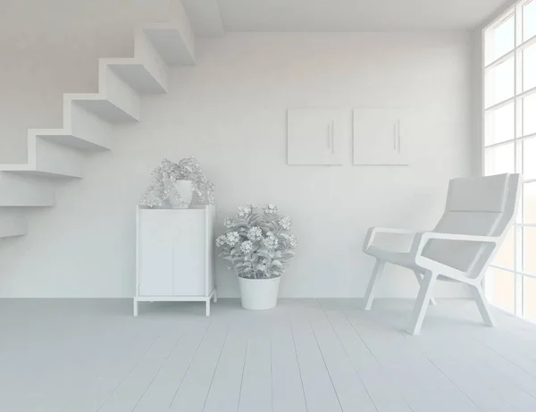 Idea Una Habitación Escandinava Vacía Blanca Interior Con Plantas Silla — Foto de Stock