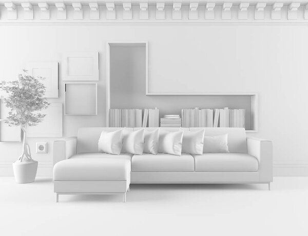 white room interior with furniture. Scandinavian interior design. 3d illustration