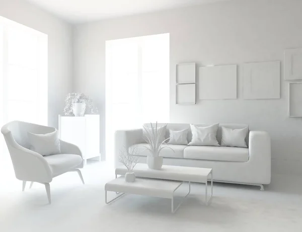 white room interior with furniture. Scandinavian interior design. 3d illustration