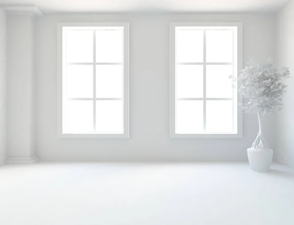 Idea of a white empty scandinavian room interior with plant on wooden floor  . Home nordic interior. 3D illustration - Illustration