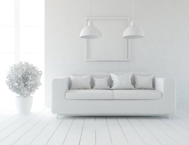 Beyaz Oda iç mobilya ile. İskandinav iç tasarım. 3D çizim