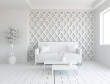 Beyaz Oda iç mobilya ile. İskandinav iç tasarım. 3D çizim