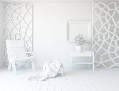 Beyaz boş İskandinav odası iç ahşap zemin üzerinde bitki ile fikir. Ev nordic iç. 3D çizim - illüstrasyon