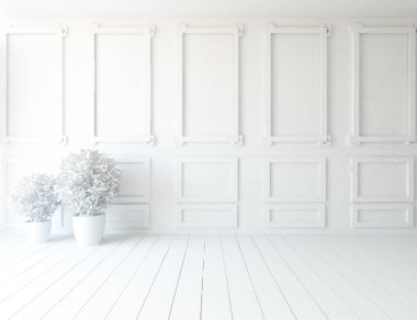 Beyaz boş İskandinav odası iç ahşap zemin üzerinde bitkiler ile fikir. Ev nordic iç. 3D çizim 