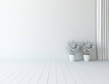 Beyaz boş İskandinav odası iç ahşap zemin üzerinde bitkiler ile fikir. Ev nordic iç. 3D çizim 